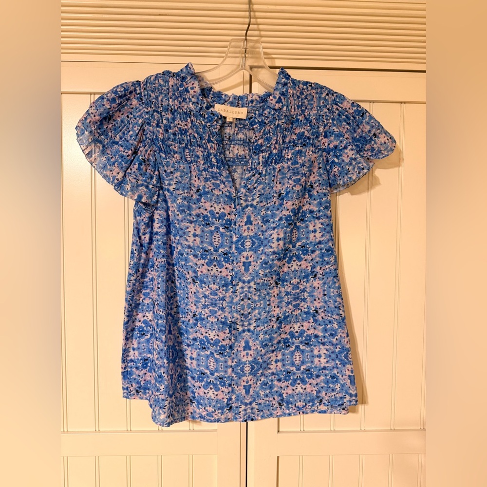 Caballero Blue Floral Short-Sleeve Blouse size Small